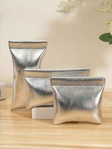 Customized Embossed Logo PU Bullet Bag, Makeup Bag With Automatic Open/Close, Lightweight Compact Silver Pouch, Portable Coin Purse, Cable Organizer, Minimalist Luxury Waterproof Cosmetic Bag - Multicolor - View 3