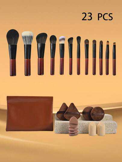 23 PCS Walnut Makeup Brushes Set, Travel Size, Professional No Shed Tan Makeup Brushes, Includes Portable Bag, Makeup Sponge, Powder Puff, Mini Makeup Brushes