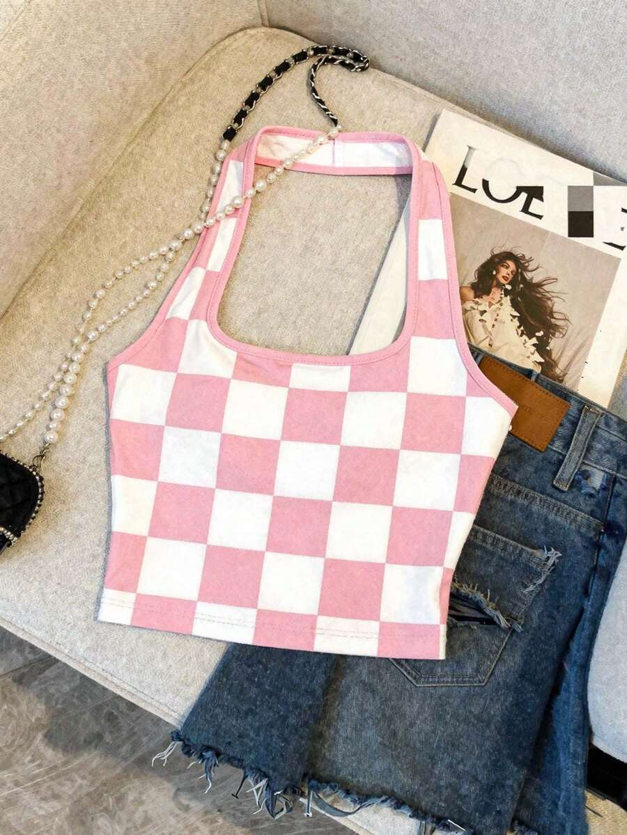 Áo tank top crop hai dây kẻ caro phong cách retro Dear Molly, áo tank top dệt kim ngắn hở eo, áo tank top gợi cảm hở lưng dành cho nữ, thích hợp mặc hàng ngày vào mùa xuân/hè, màu hồng năng động. - Hồng - Xem 1