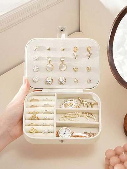 1pc Portable Jewelry Box, Multi-Layer Divided Storage Box, Travel Jewelry Organizer With Necklace Hooks And Ring Slots, Pink Velvet Lining, Scratch-Resistant, Luxury Minimalist Style, Recommended For Women, Dust-Proof And Anti-Oxidation Storage, Square Jewelry Box With Earring Compartment And Bracelet Compartment, Transparent Flip Cover Design, Large Capacity Portable, Vanity Organizer, Best Friend Birthday Gift, Essential For Elegant Ladies