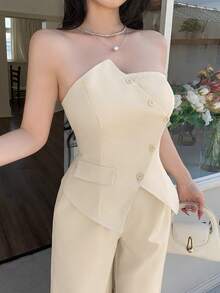 abyoxi 女士米色系带腰部假口袋单排扣抹胸上衣搭配高腰阔腿裤两件套，休闲、通勤、日常外出、办公室、约会、情人节、春夏短款上衣搭配长裤套装 - 杏色 - 查看 4