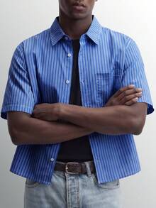 Men's Urban Boy Striped Shirt, Electric Blue And White Loose Fit, Simple Aesthetic Short-Sleeved Top, Fashionable Urban Summer Clothing. - Multicolor - View 1