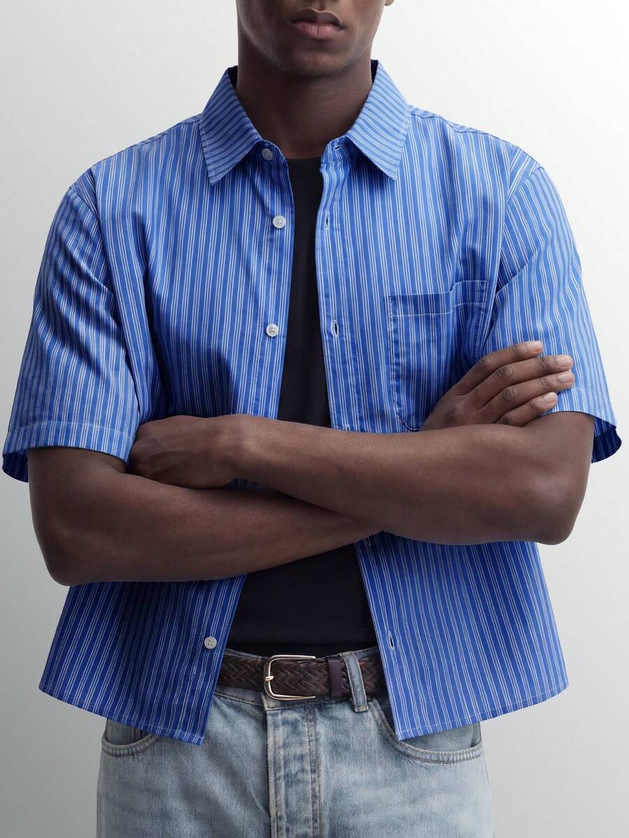 Men's Urban Boy Striped Shirt, Electric Blue And White Loose Fit, Simple Aesthetic Short-Sleeved Top, Fashionable Urban Summer Clothing. - Multicolor - View 1