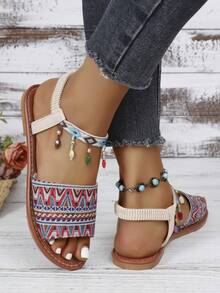 Giày sandal đế bằng kiểu La Mã Bohemian đính đá lấp lánh, thích hợp phối cùng chân váy, phù hợp cho mùa hè. - Đỏ - Xem 6
