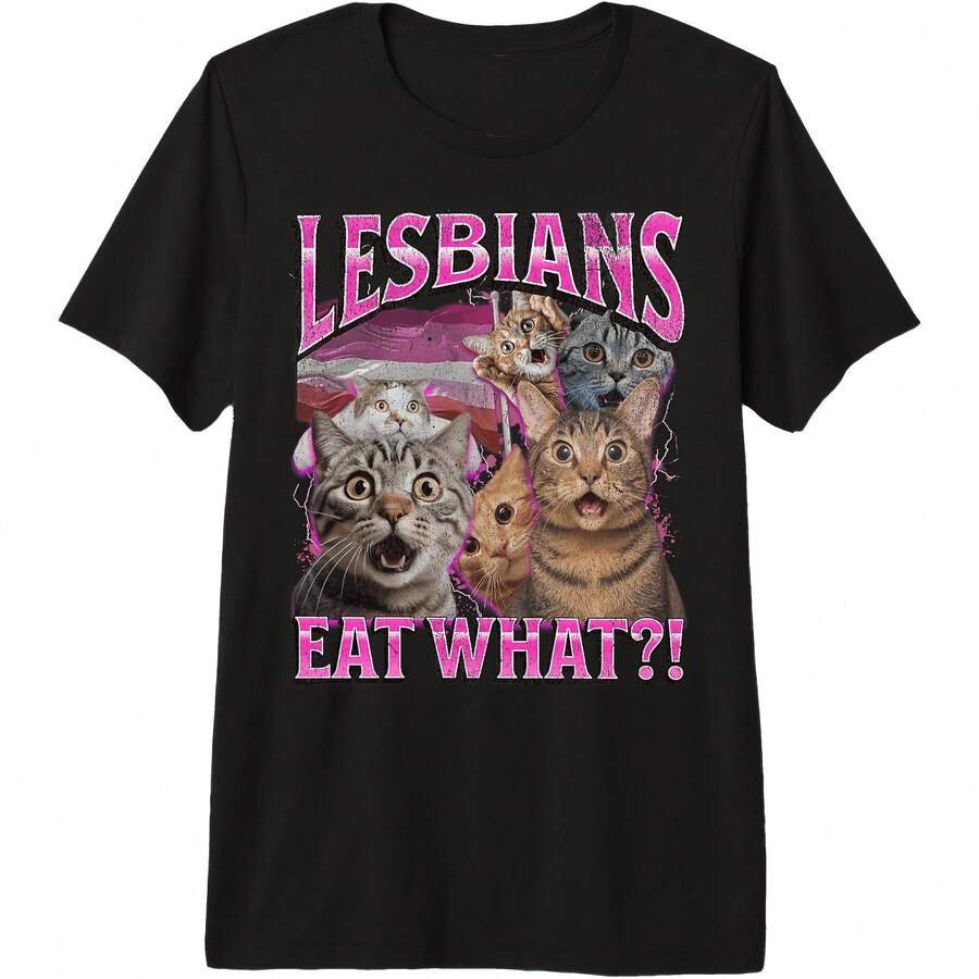 Lesbians Eat What! Funny Cat Gay Pride BTQ Pun Bootleg Pm Tri-Blend T-Shirt All Seasons,220g Pure Cotton Single-Sided Printed Crew Neck Short-Sleeved T-Shirt,Unisex Top,Base Layer - 顏色5 - 查看 1