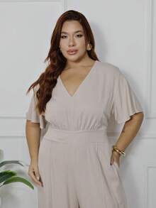 Women's Plus Size Plain Long Jumpsuit, Wide Leg, Short Sleeve, V-Neck, Ruched Front, Comfortable - 米色 - 查看 4
