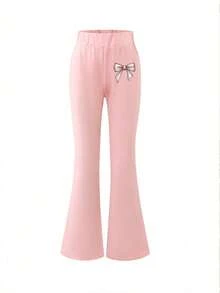 Bộ 2 món cho bé gái gồm áo thun ngắn tay in họa tiết da báo đính nơ và quần ống loe, thích hợp cho mùa xuân/hè. - Hồng - Xem 6