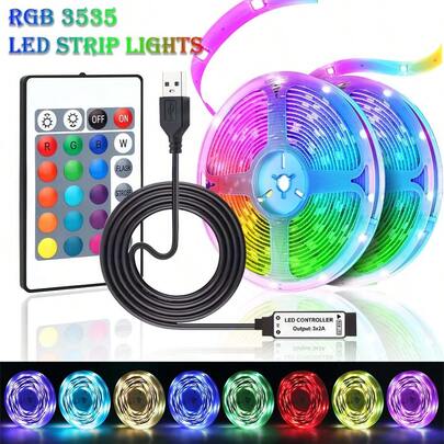 RGB LED Light Strip, 24-Key Controller, Suitable For Home Decoration, TV Background, Parties, USB Powered Color-Changing Light Strip, And Can Be Cut To Size.