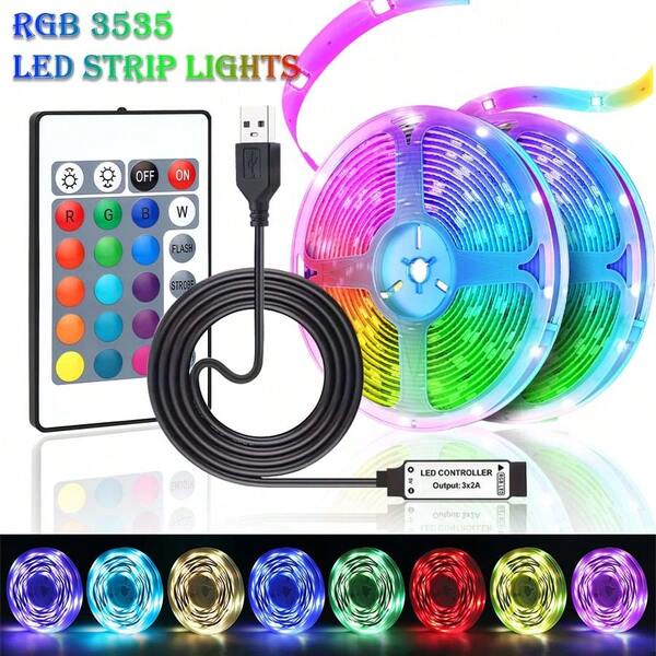 RGB LED Light Strip, 24-Key Controller, Suitable For Home Decoration, TV Background, Parties, USB Powered Color-Changing Light Strip, And Can Be Cut To Size.