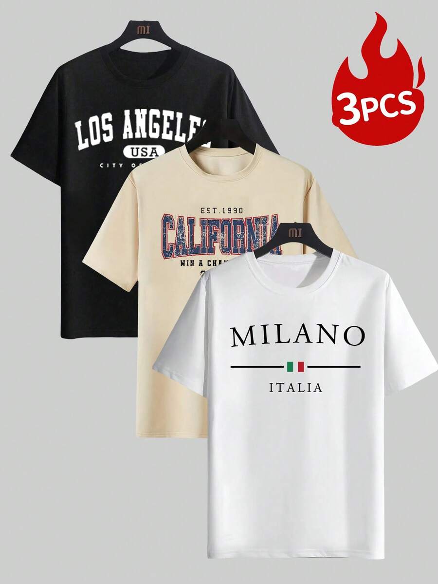 3 piezas Camisetas de manga corta y cuello redondo casuales para hombres con estampado de temas urbanos - Multicolor - Ver 1