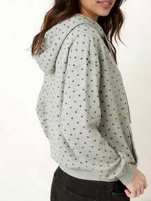 Womens Sweatshirt Drawstring Hoodies Long Sleeve Dot Print Oversized Hooded Pullover Sweatshirt Tops With Pocket - Grey - View 6