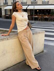 女士夏季沙滩度假针织短袖薄纱罩衫，轻薄休闲短袖上衣 - 杏色 - 查看 5