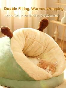 1 pieza Cama para mascotas semi-cerrada y cálida, nido para mascotas acolchado con forro de felpa polar y relleno de algodón PP, cama cueva cálida y acogedora con diseño de agujero de gato lindo para gatos/mascotas pequeñas en invierno - Verde - Ver 8