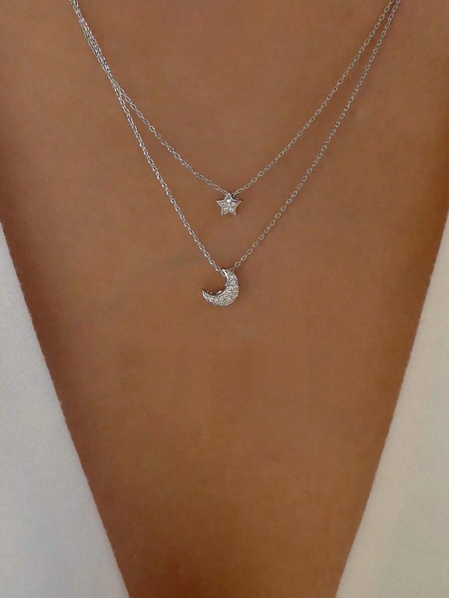 Fashionable Layered Moon & Star Necklace For Women, Delicate Minimalist Design Luxury Necklace - Star and Moon Necklace - View 1
