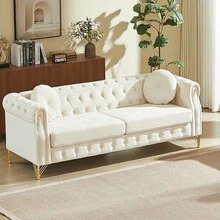 YOGLAD Modern Velvet Chesterfield Modular Sofa Couch Set With Tufted Button Back, Copper Stud Trim, Metal Legs & Decorative Armrest Rings, Spring Cushion Living Room Sofa, Single Seat, Loveseat & 3 Seater Upholstered Couch For Home Apartment - 米色 - 查看 7