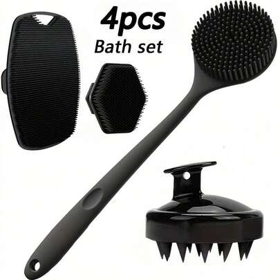 4pcs Shower Brush Set | Gentle Frosted Long Handle Body Brush With Silicone Soft Bristles For Back, Face, Body, And Scalp Massage | Effectively Removes Dead Skin, Non-Slip Grip For Deep Cleaning