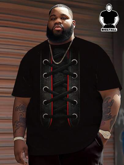 Plus Size Plus Size Streetwear T-Shirt! American Hardcore Street Style Faux Strap Contrast Color Big Size T-Shirt, Heavyweight Soft Fabric + 3D Woven Tape Red Stripe Patchwork Design, Loose Dropped Shoulder Silhouette Slimming & Flattering, Fashionable Personalized Plus Size Casual Wear & Commute Versatile Top Black