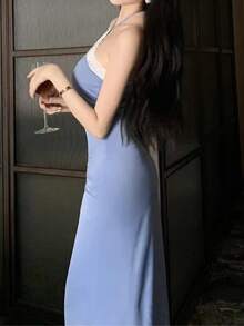 Elegant & Unique Women's Sexy Blue Lace Patchwork Spaghetti Strap Party Dress, Spring/Summer - Dusty Blue - View 7