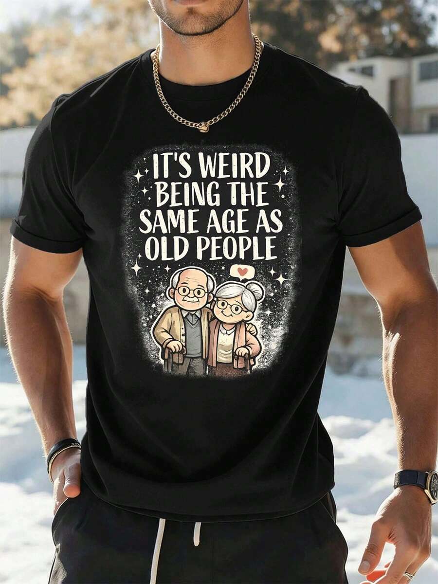 T-shirt graphique humoristique avec des personnes âgées du même âge, en coton premium, coupe décontractée et confortable, style street hip-hop, imprimé graphique unique - Noir - Voir 1