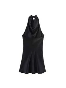 2026 Verão Mulheres Alça Fina Mini Regata Halter, Material de Cetim Sexy e Elegante com Design Decotado nas Costas de Cor Sólida, Casual Elegante para Festa de Rua Preta - Preto - Visão 2