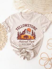 ELYSIAN WEAR 180G Women's T-Shirt Casual Comfortable Style National Park Nature Inspired Graphic Print With Bison And Mountains Design For Outdoor Enthusiasts And Nature Lovers In Montana  Theme - 米色 - 查看 1