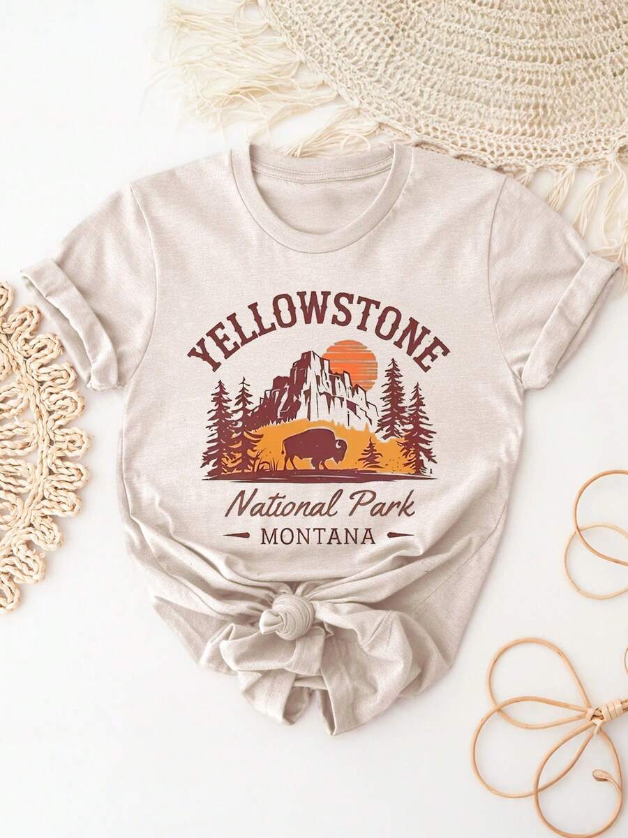 ELYSIAN WEAR 180G Women's T-Shirt Casual Comfortable Style National Park Nature Inspired Graphic Print With Bison And Mountains Design For Outdoor Enthusiasts And Nature Lovers In Montana  Theme - 米色 - 查看 1