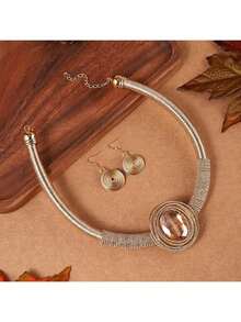 1 Set Handmade Exaggerated Multi-Layer Aluminum Wire Woven Artificial Crystal Chain Bohemian European And American Middle Eastern European Korean Version Evening Party Holiday Beautiful Lady Artificial Crystal Shaped Necklace Earrings - Yellow Gold - View 5