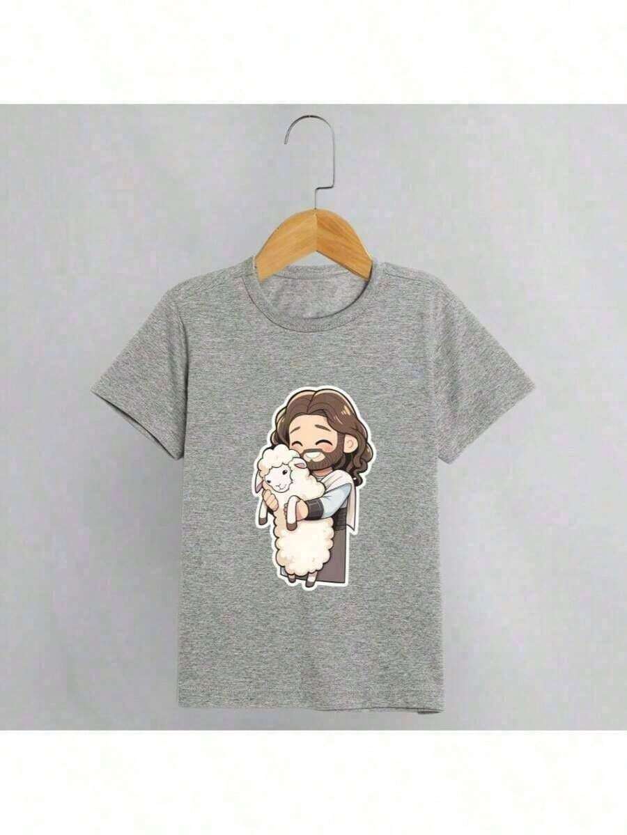 Camiseta Infantil Unissex Estampa Coração Rosa Jesus Ovelhinha Modelo Juvenil Fofo Confortável - Cinza - Visão 1