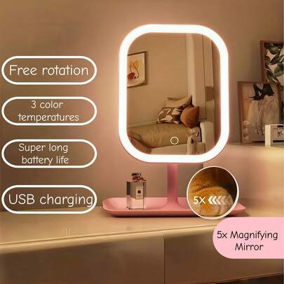 Gương trang điểm LED có đèn, 3 chế độ chiếu sáng, 3 nhiệt độ màu, để bàn có đèn, điều khiển cảm ứng, chân đế di động, có thể gập lại để cất giữ, gương trang điểm du lịch, pin sạc dung lượng cao tích hợp, gương trang điểm LED, xoay 270°, quà tặng, du lịch, đồ giá rẻ, vật dụng cần thiết khi đi du lịch