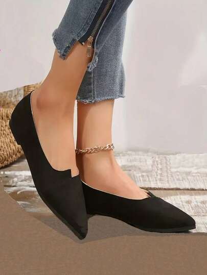 Women's Minimalist Pointed Toe Shoes, Elegant Style Suitable For Spring, Summer, Autumn, Outdoor Wear, Faux Suede Material, Solid Color Loafers