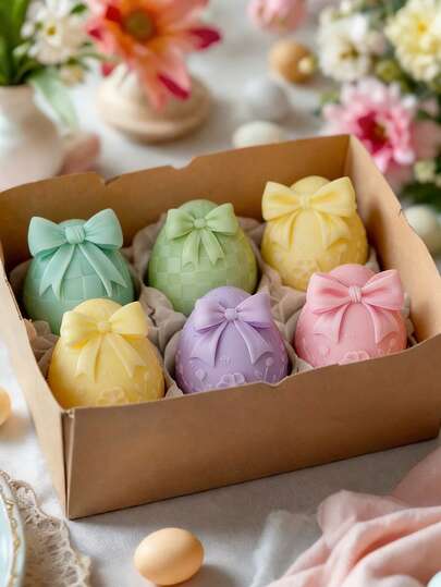 1pc Easter Bunny Egg With Bowknot Silicone Mold Embossed Design Easy Clean Multi-Use For Aromatherapy Candle/Gypsum Ornament DIY Easter Gift For Kids