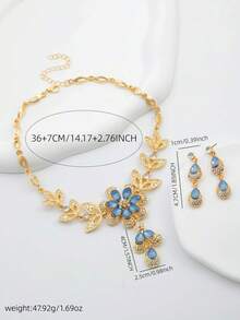 3 Pieces/Set Of Women's Necklace Earrings Set With Beautiful Flower Design Inlaid With Water Droplets, Floral Tassel Necklace Elegant And Exquisite - Light Blue - View 2