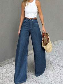 Quần jeans ống rộng nữ, chất liệu denim mài, kiểu dáng thường ngày, có chi tiết cúc, vải co giãn tốt, thích hợp cho các bữa tiệc thanh lịch mùa xuân. - Rửa trung bình - Xem 2