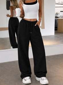 Flowy Wide Leg Pants | Drawstring Waist + Minimalist Design, Casual Commuter Wear For Women - Black - View 5