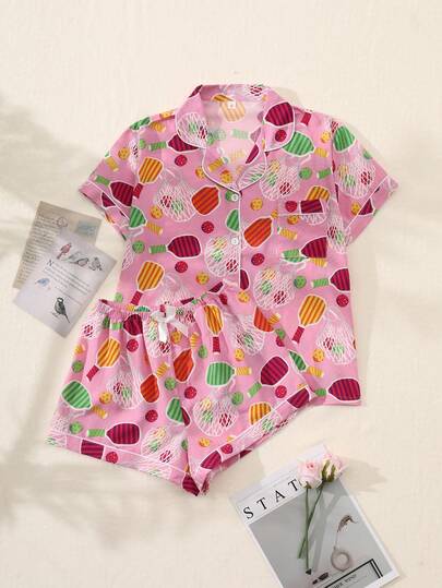 两件套女士冰棒印花V领纽扣短袖单排扣上衣和裤子睡衣套装，夏季睡衣套装，居家穿着舒适