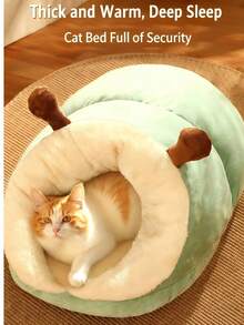 1 pieza Cama para mascotas semi-cerrada y cálida, nido para mascotas acolchado con forro de felpa polar y relleno de algodón PP, cama cueva cálida y acogedora con diseño de agujero de gato lindo para gatos/mascotas pequeñas en invierno - Verde - Ver 2