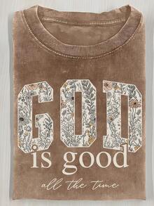 2026 Washed Cotton, GOD Floral Printed T-Shirt, High-Quality Batik Cotton Retro Fashion Brand T-Shirt, Women's T-Shirt, Women's Autumn T-Shirt, Halloween Christmas Gift, Holiday Gift, White Tops, Valentine's Day Outfit, Mardi Gras, Summer Tops,   For Women, Valentine's Day Outfits For Women, Women's Tops, Fairycore, , Elegant Women's Outfits - 寶藍色 - 查看 11