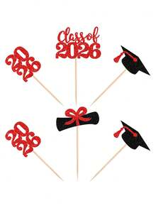 24件/12件套2026毕业庆典装饰品，闪亮2026毕业帽蛋糕装饰，2026毕业派对迷你蛋糕装饰，毕业证书，2026毕业帽套装，派对装饰品。毕业主题派对，2026毕业主题纸杯蛋糕派对（红色） - 紅色 - 查看 9