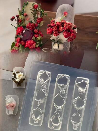 1 pieza Molde de arte de uñas elegante con ramo y lazo, molde de silicona transparente tallado en 3D para decoración de uñas DIY