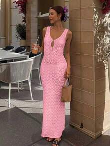 Women's Elegant Vacation Long Knit Sweater Dress, Minimalist Style, Spring/Summer Pink - Pink - View 4