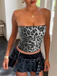 Leopard Print Sequin Strapless Top For Night Out, Clubbing, Cocktail Party Summer - Grey - View 5