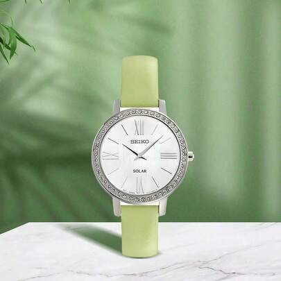 Seiko Watches For Ladies Vintage Green Leather Strap Quartz Watch White Mother Of Pearl Dial Roman Numerals Elegant Wristwatch. SUP463P1