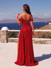 ADYCE 亮片露肩荷叶边腰部系带前开衩露背鸡尾酒礼服，优雅正式晚礼服，适合婚礼宾客、正式晚宴、毕业典礼、新年等场合。 - 紅色 - 查看 2