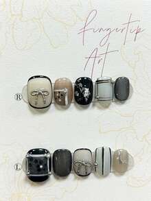 10片甜美性感少女短款手工按压式美甲，银色蝴蝶结艺术假指甲，可卸可重复使用美甲用品（1张果冻贴纸+1个指甲锉） - 彩色 - 查看 4