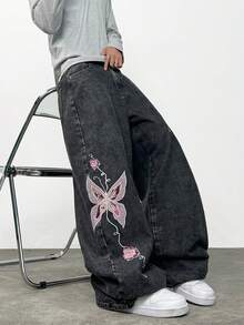 1pc American Street Fashion Butterfly Embroidered Loose Wide-Leg Jeans, Comfortable Casual Jeans For Men, All Season - Black - View 7