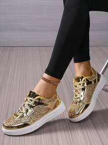 女士休闲亮片运动鞋，学生跑步鞋，闪亮亮片拼接女士休闲运动鞋，适合户外四季穿着，高性能运动鞋 - 金色 - 查看 4