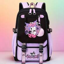 SANRIO 1个库洛米印花背包，印花简约中学生背包，轻便舒适，大容量，休闲百搭旅行背包 - 简约大容量学生书包，适合上学和日常旅行 - 彩色 - 查看 1