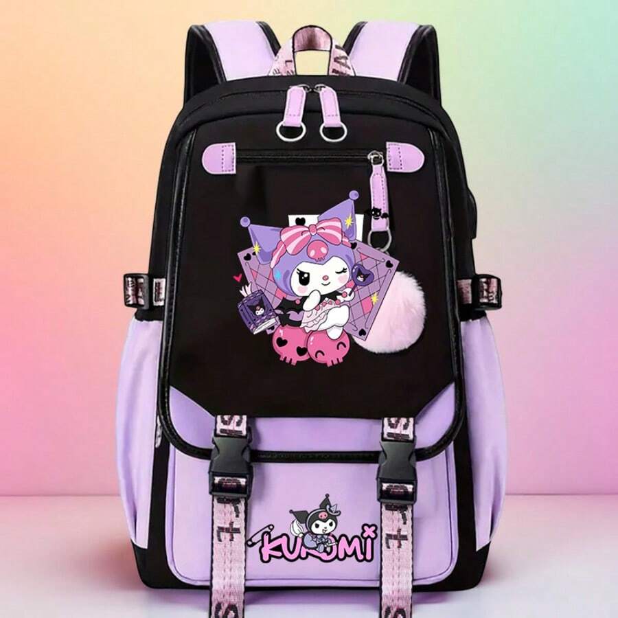 SANRIO 1个库洛米印花背包，印花简约中学生背包，轻便舒适，大容量，休闲百搭旅行背包 - 简约大容量学生书包，适合上学和日常旅行 - 彩色 - 查看 1