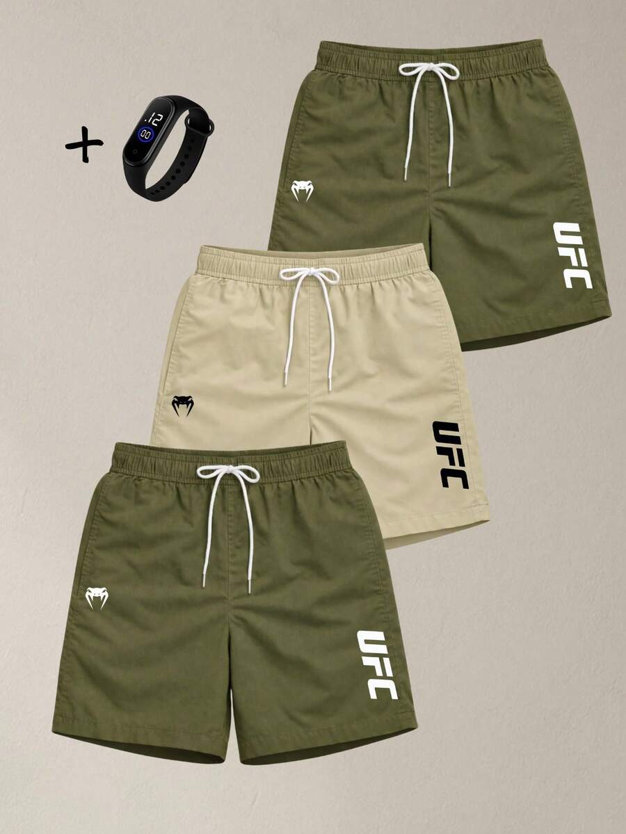 Kit Of 3 Men's Gym Shorts For Running And Training With Pockets - Tactel Fabric + Watch - 綠色/米色/綠色 - 查看 1
