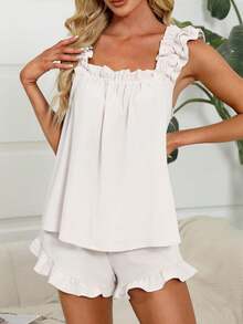 Women's Summer Lounge Set Ruffle Shoulder Strap Tank Tops Drawstring Shorts Sleepwear Sets - Màu be - Xem 3